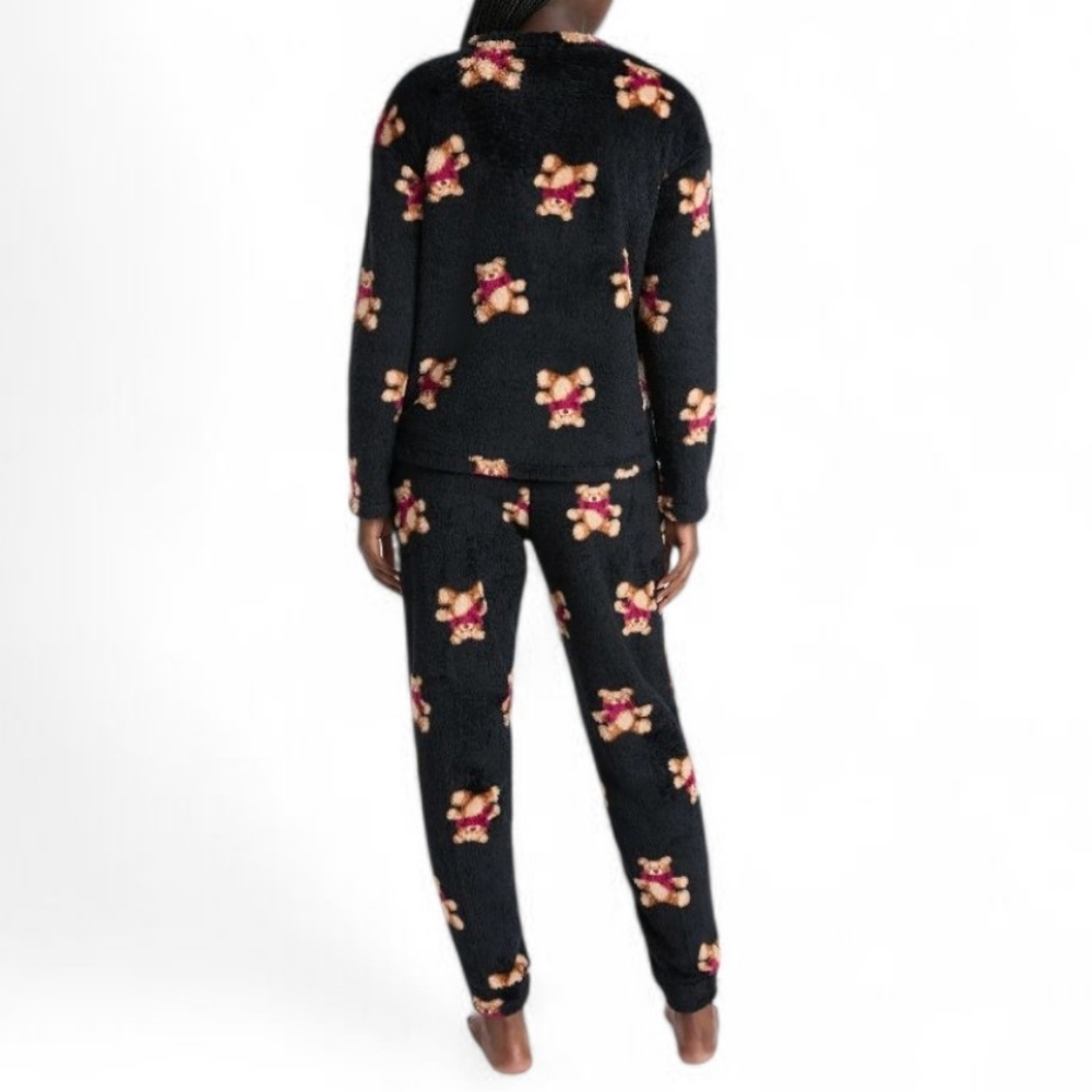 Joyspun Plush Black Teddy Bear Long Sleeve Top And Pants Pajama Set Size M - Picture 2 of 15